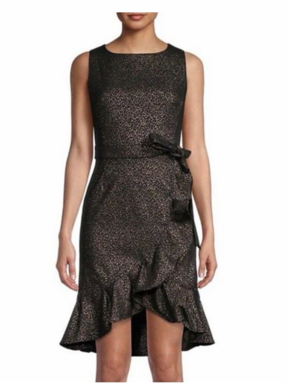 Calvin Klein- Sleeveless Black Metallic Ruffle Dress with Side Bow